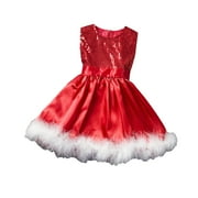 Christmas Sleeveless Sequins Dress, Toddler Girls Embroidery Sequins Bowknot Villus Birthday Party Gown Dress 5-6 Years